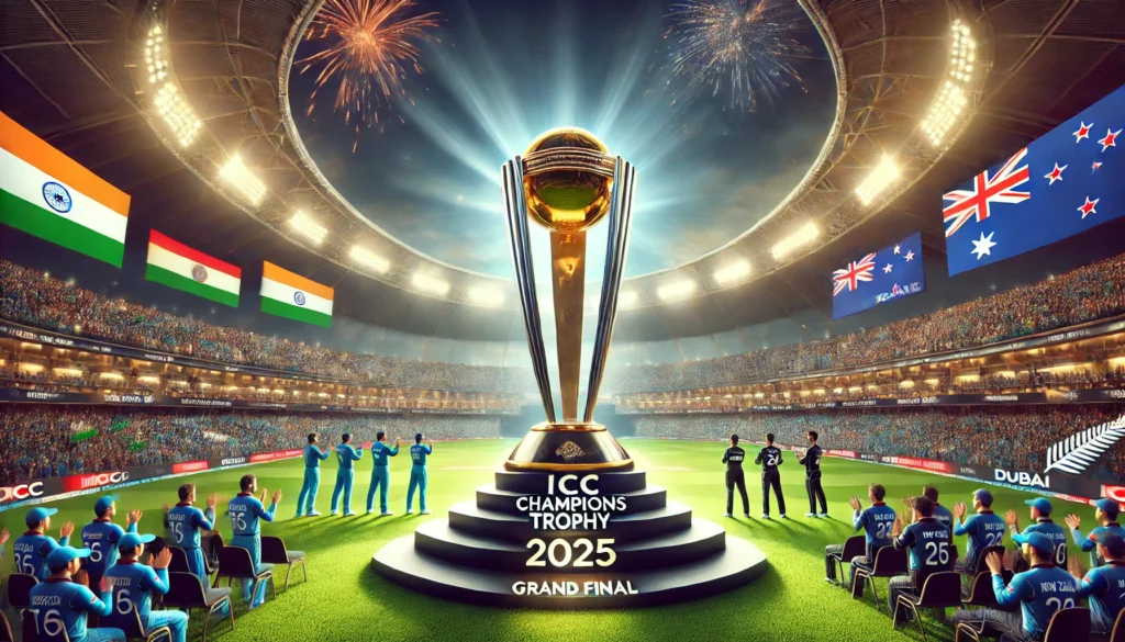 DALL·E 2025-03-06 20.12.59 - A stunning image of the ICC Champions Trophy 2025 displayed on a podium, with players from India and New Zealand standing proudly on either side. The
