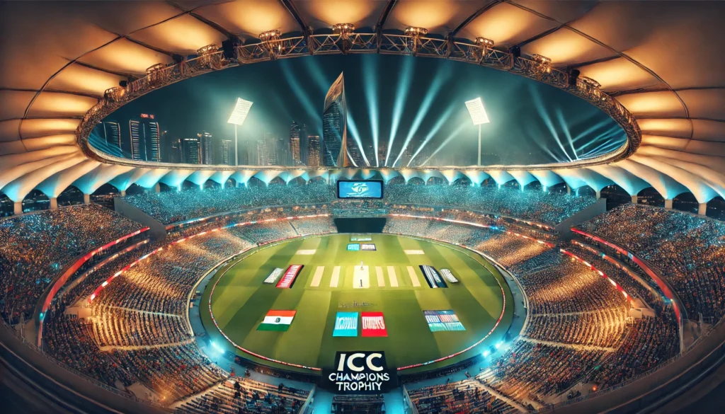 DALL·E 2025-03-06 20.13.04 - A breathtaking view of the Dubai International Stadium at night, prepared for the ICC Champions Trophy 2025 Final. The stadium is filled with thousand