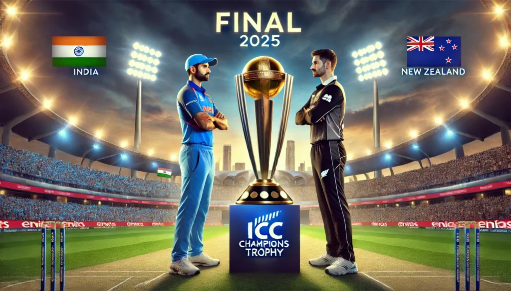 DALL·E 2025-03-06 20.13.56 - A realistic digital painting of the ICC Champions Trophy 2025 Final between India and New Zealand. The image features two cricket players, one from In